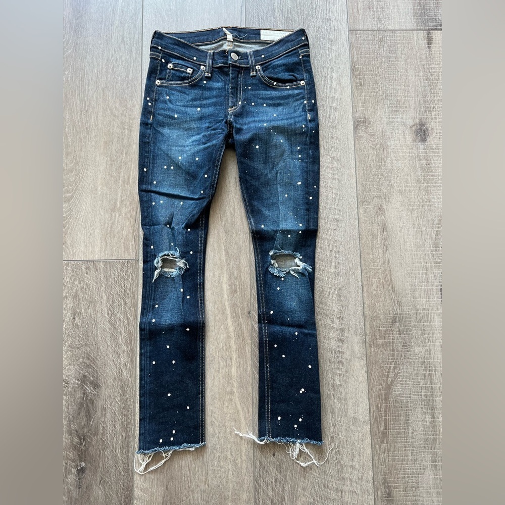 Rag & Bone Distressed Anfield Splatter Skinny Jeans with Raw Hem Size 25